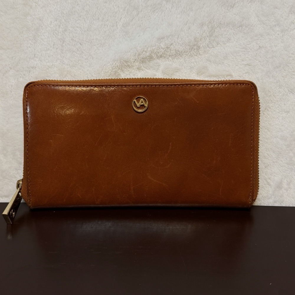 Valentina Italian Zip Around Close Wallet Cognac Brown Leather Made In Italy